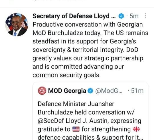 აშშ-ის თავდაცვის მდივანი საქართველოს თავდაცვის მინისტრთან სატელეფონო საუბარს “ტვიტერზე” გამოეხმაურა