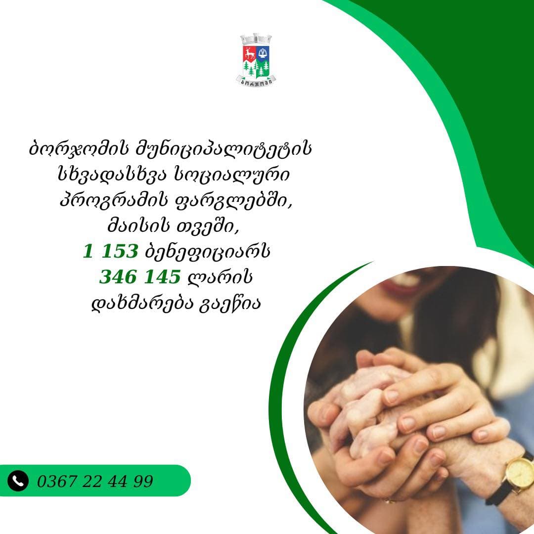 ბორჯომის მუნიციპალიტეტში მაისში 1 153 ბენეფიციარს 346 145 ლარის დახმარება გაეწია