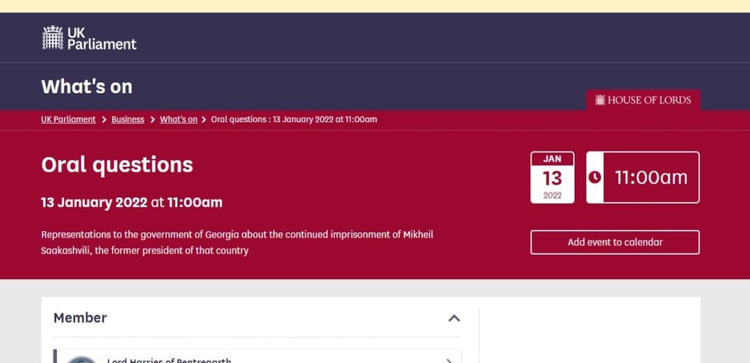 ხვალ ლორდთა პალატაში მიხეილ სააკაშვილის პატიმრობის შესახებ იმსჯელებენ