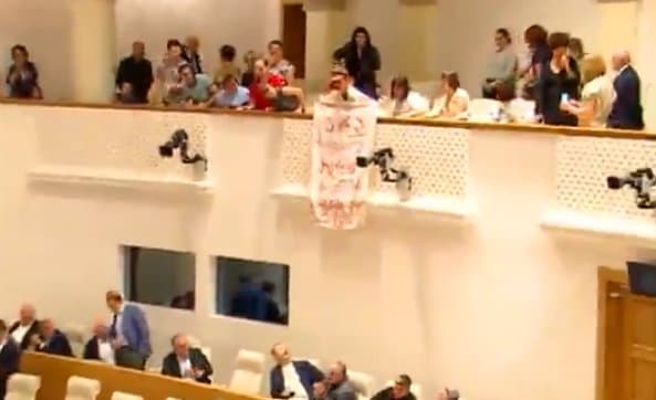 პარლამენტში მოქალაქემ დეპუტატებს რუსული რუბლები გადააყარა და ბანერი – “არა ორიენტაციაარეულ ქოც-რუსულ მთავრობას დაოჯახებულებისგან” გამოფინა