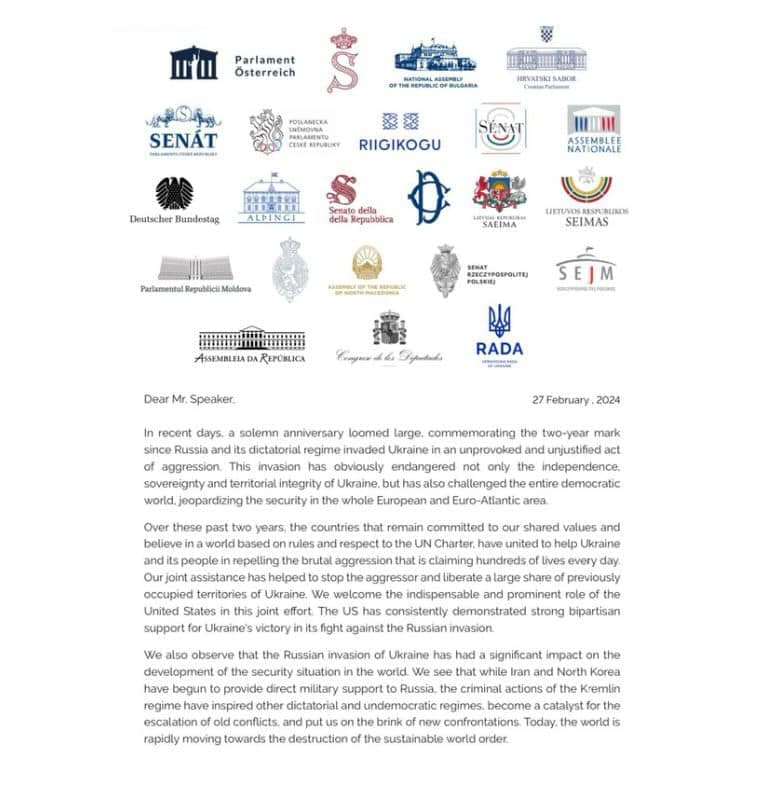 23 ქვეყნის პარლამენტის სპიკერებმა აშშ-ის წარმომადგენელთა პალატის სპიკერს უკრაინის მხარდაჭერის თხოვნით მიმართეს