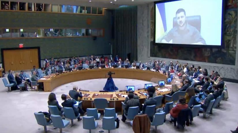 ვლადიმერ ზელენსკი – ქალბატონებო და ბატონებო, მზად ხართ გაერო დახუროთ? თუ არა, დაუყოვნებლივ უნდა იმოქმედოთ