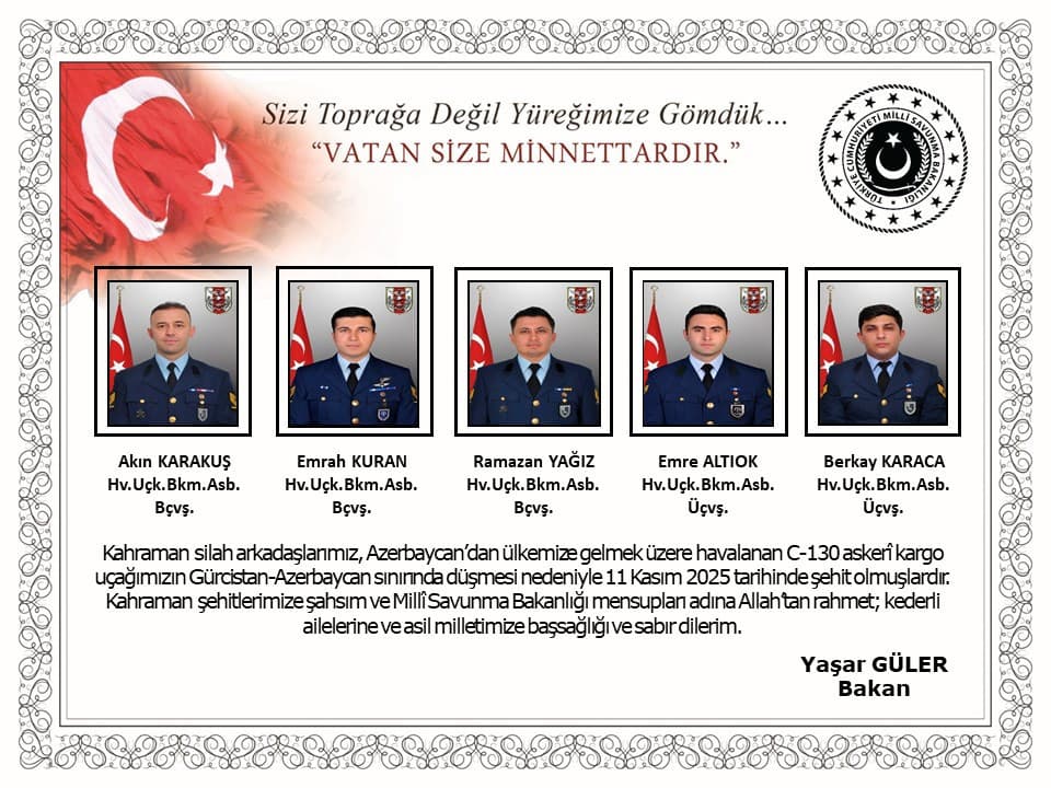 <p><span style="color: rgb(0, 0, 0)">Turkey’s Ministry of Defence has released the names of the 20 servicemen killed when a Turkish military aircraft crashed in eastern Georgia, near the country’s border with Turkey on Monday.</span></p><p><span style="color: rgb(0, 0, 0)">Among the victims are pilot Gökhan Korkmaz, technical service chief Lieutenant Emre Merkan, technical sergeants Nuri Özkan, İlhan Ongan, and İlker Aykut, as well as Air Force officers Serdar Uslu, Nihat Yılgen, Cüneyt Kandemir, Ümit İnce, Burak Özkan, Emrah Kuran, Hamdi Armağan Kaplan, Akın Karakuş, Ramazan Yağız, Emre Altıok, Burak İbiği, Berkay Karaça, Ahmet Yaşar Kuyucu, Cem Dolapçı, and Emre Sayın.</span></p><p><span style="color: rgb(0, 0, 0)">The aircraft went down in Georgia’s Sighnaghi municipality, about five kilometres from the Turkish border, while flying from Azerbaijan to Turkey.</span></p><p><span style="color: rgb(0, 0, 0)">Georgia’s authorities have launched an investigation under Article 275 (Part 4) of the country’s Criminal Code, which concerns violations of air transport operation and safety rules resulting in loss of life.</span></p><p><span style="color: rgb(0, 0, 0)">Turkey’s Defence Ministry confirmed that all 20 personnel on board perished in the crash.</span></p><p><br></p>