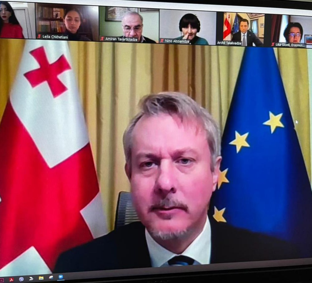 Carl Hartzell, Archil Talakvadze, and Davit Zalkaliani addressed the European University Online Winter School participants