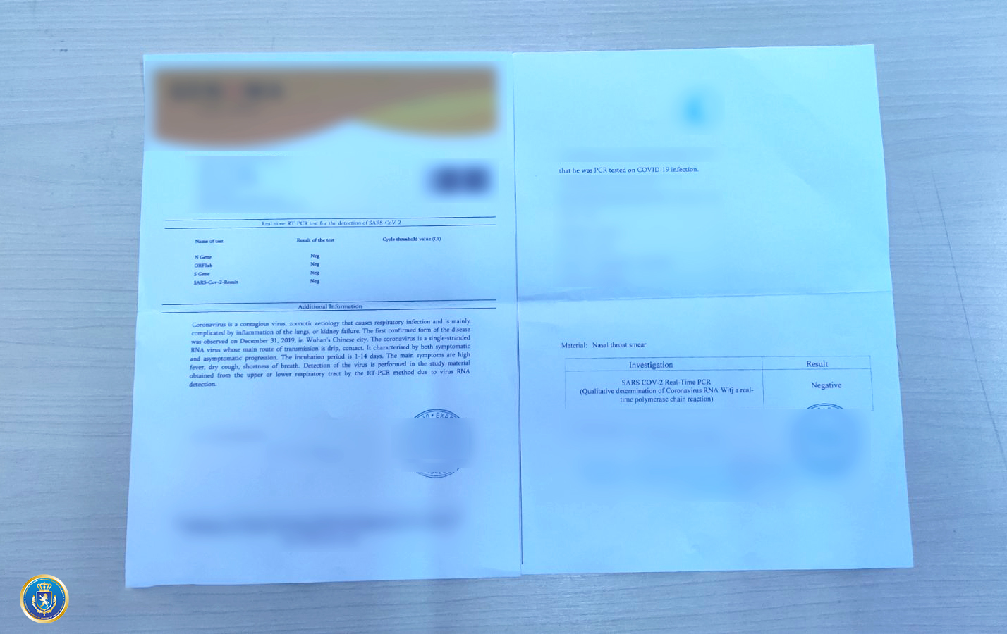 კორონავირუსის პისიარ კვლევის ყალბი დოკუმენტების დამზადების ფაქტზე ერთი პირი დააკავეს