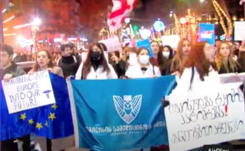 Protesters block traffic on Rustaveli Avenue in Tbilisi