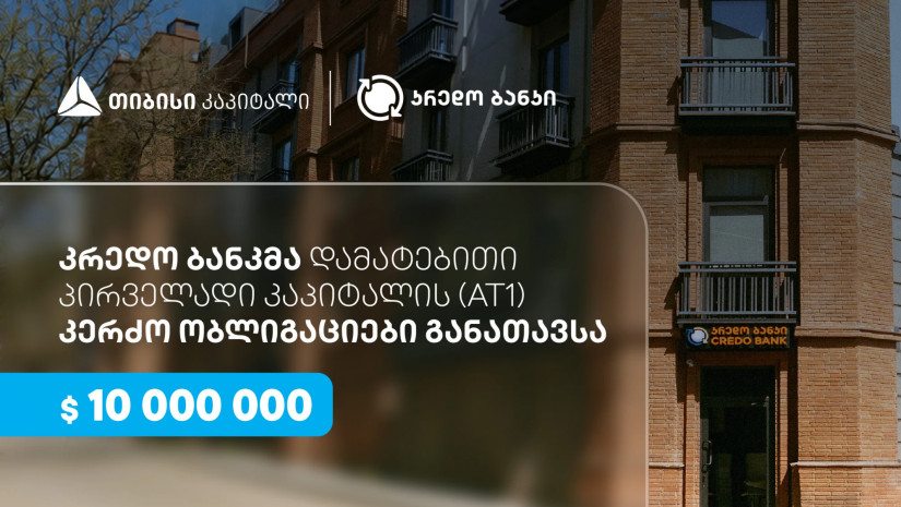 სს კრედო ბანკმა, თიბისი კაპიტალის მხარდაჭერით, $10 მილიონის დამატებითი პირველადი კაპიტალის (AT1) კერძო ობლიგაციები განათავსა